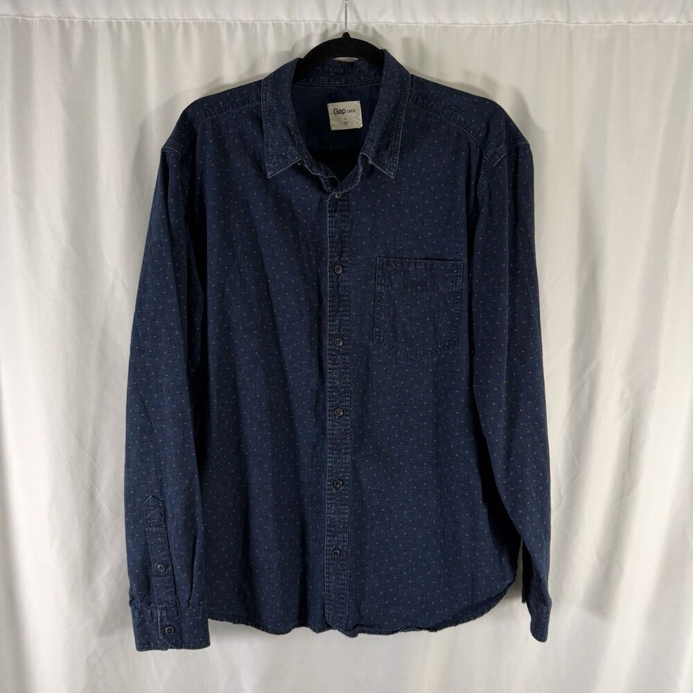 Gap Denim Shirt Men's Large Blue Polka Dot Long Sleeve Lightweight Button Up